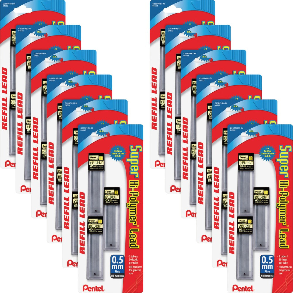 Image of Pentel® Hi-Polymer Lead, 0.5 mm, HB, Fine,30/TB,3TB/PK,12PK/BX, BK