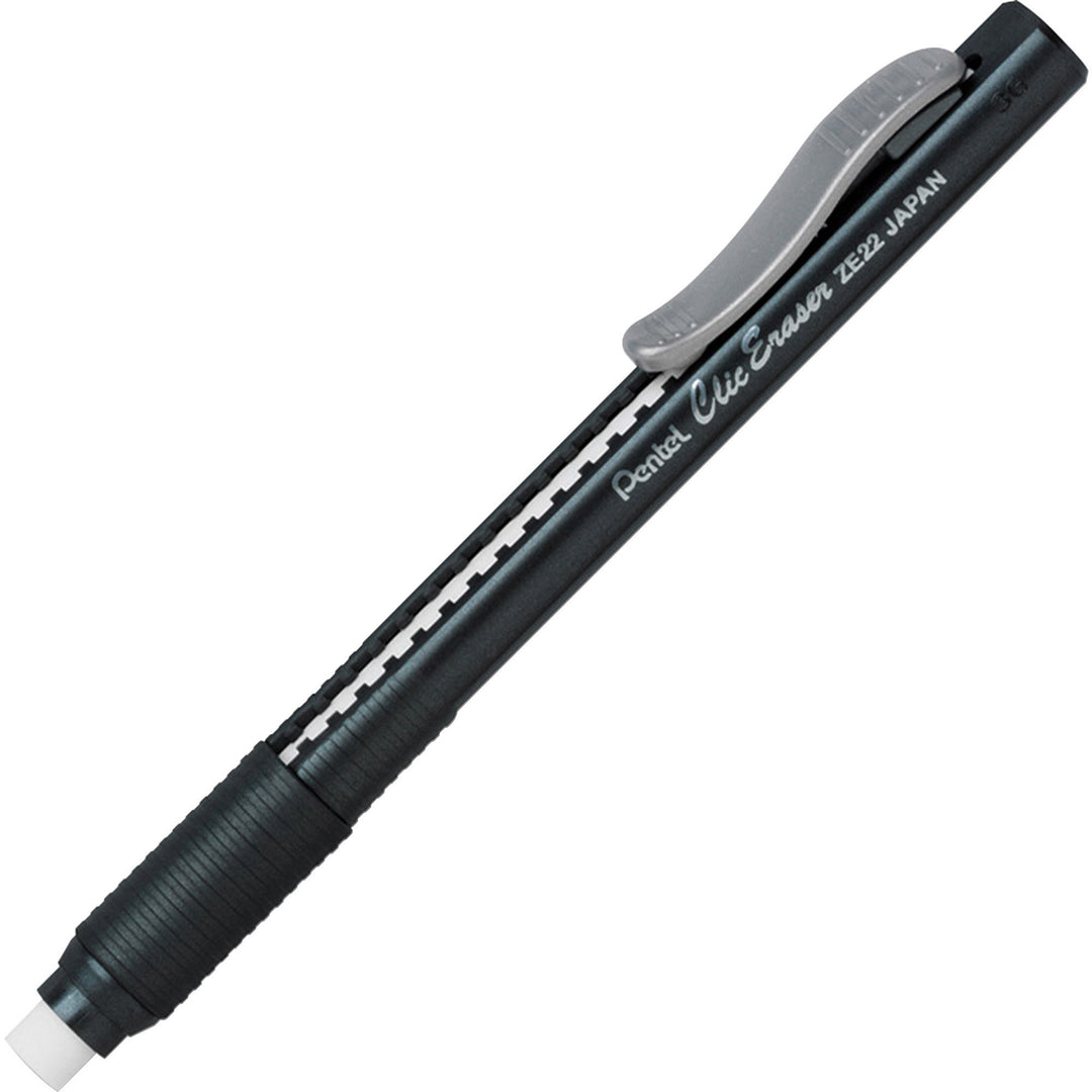 Image of Pentel® Clic Erasers, Retractable, Pocket Clip, 12/BX, Black Barrel