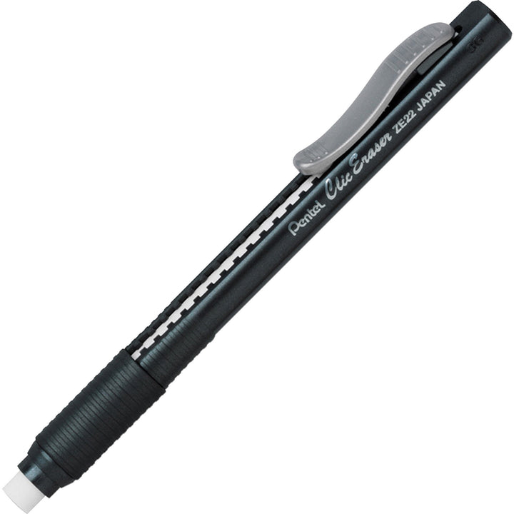 Image of Pentel® Clic Erasers, Retractable, Pocket Clip, 12/BX, Black Barrel