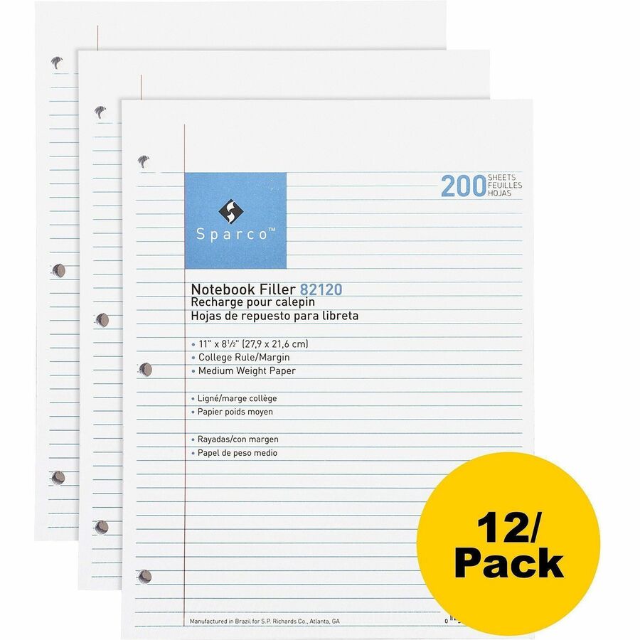 Image of Sparco Filler Paper,3-HP,College Ruled,11"x8-1/2",2000/BD,White