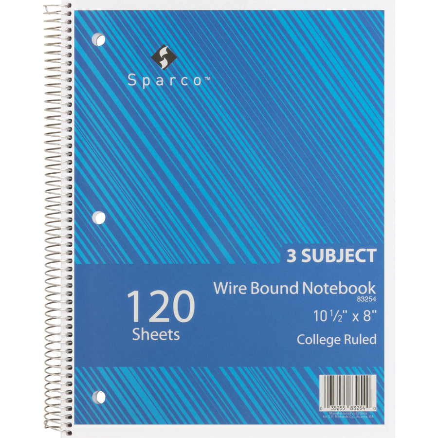 Image of Sparco Notebook,3 Subject,10-1/2"x8",College Ruled,120 Sht,6/BD,AST