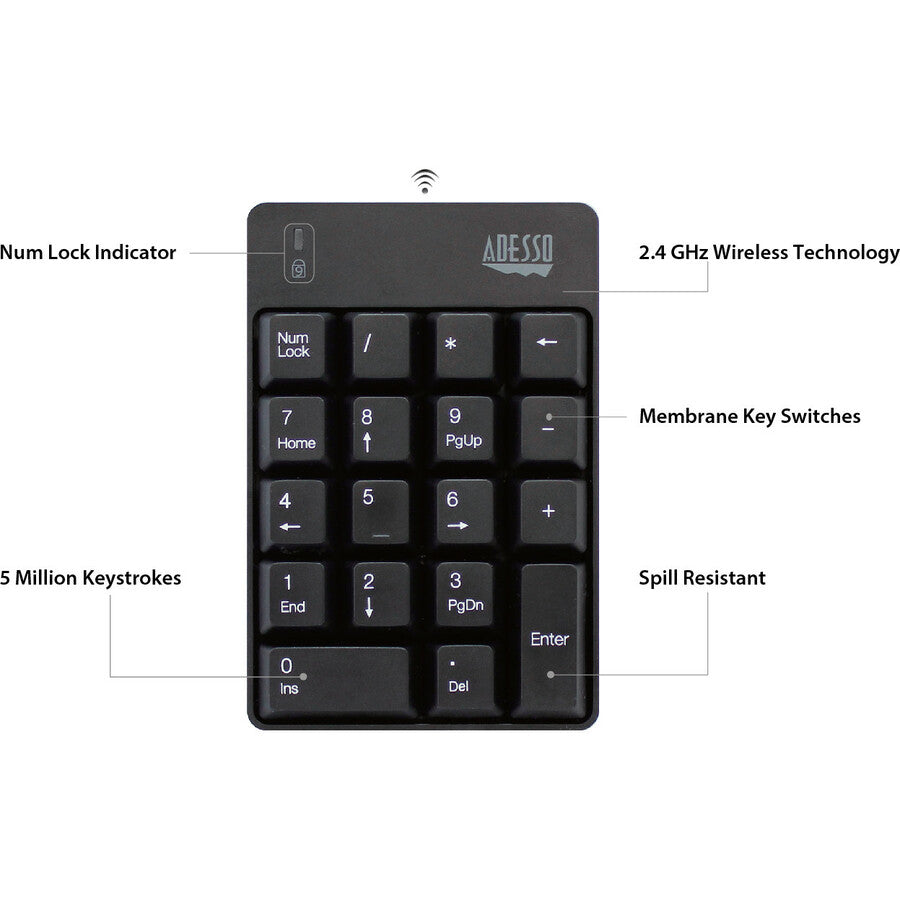 Image of Adesso Wkb6010ub Wireless 18-Key Numeric Usb Keypad, Black