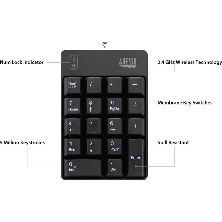 Image of Adesso Wkb6010ub Wireless 18-Key Numeric Usb Keypad, Black