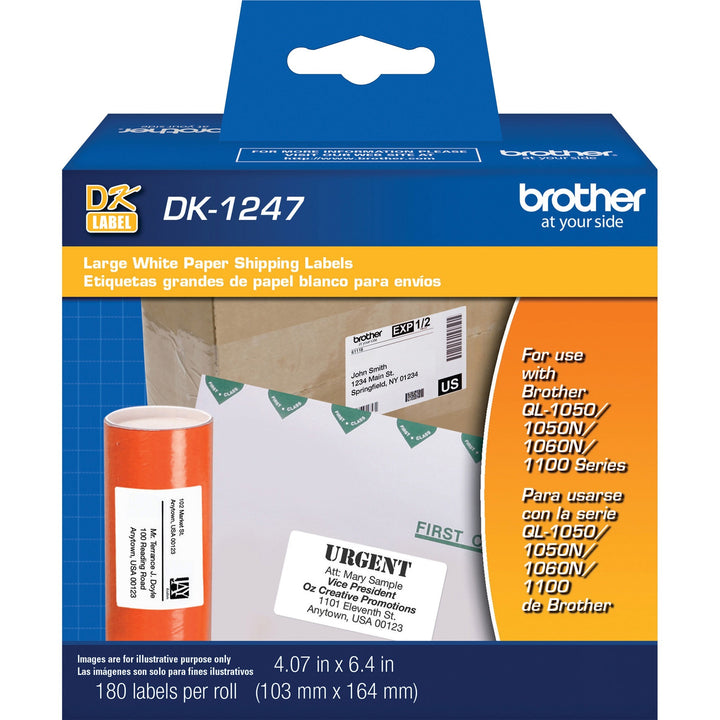 Image of Brother DK1247 Shipping Label, 4 1/16" W x 6 2/5" Length, White, Paper, 180 / Roll, 1 Pack