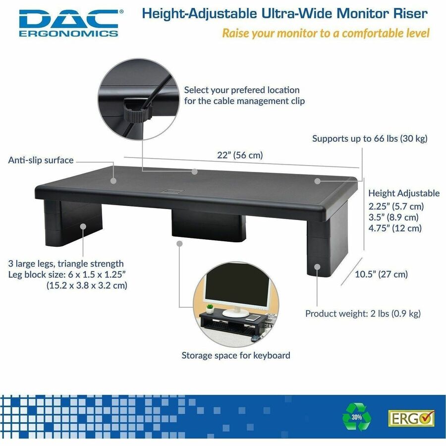 Image of Data Accessories Company Monitor Stand,Ultra-wide,66 lb Cap,22"x10-1/2"x4-4/5",BK