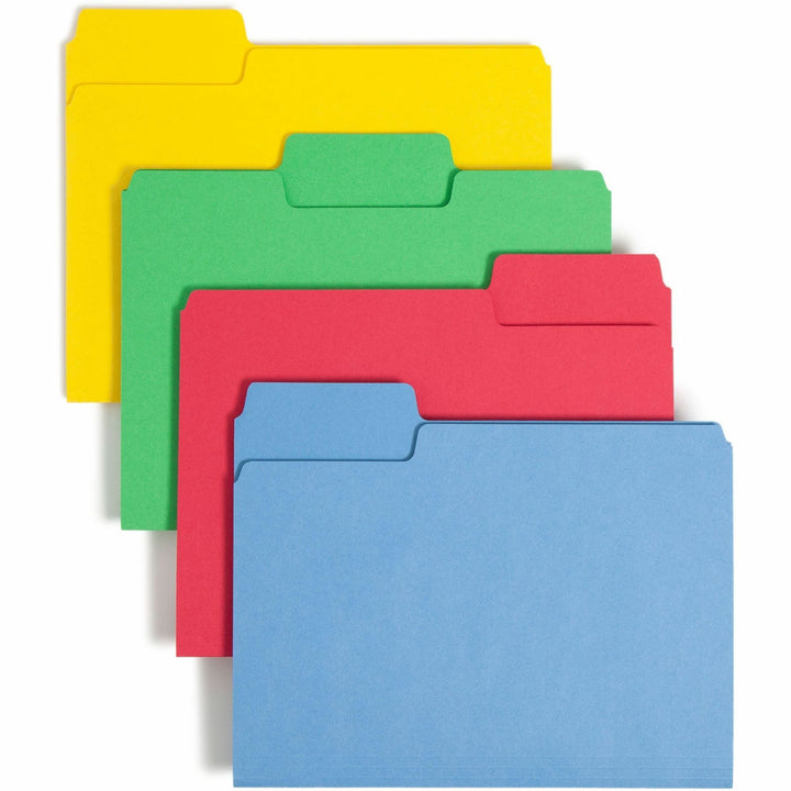 Image of Smead 11956 SuperTab Oversized Tab File Folders, 8 1/2" x 11", Assorted Tab Position, 11 pt., Blue, Green, Red, Yellow, 10% Recycled, 24 / Pack
