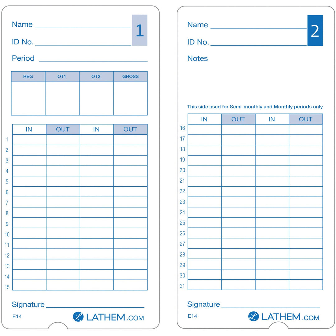 Image of Lathem E14100 Model 400E Double Sided Time Cards, Double Sided Sheet, Blue Print Color, 100 / Pack