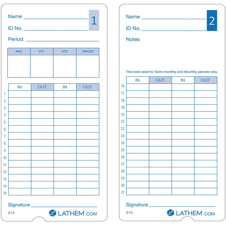 Image of Lathem E14100 Model 400E Double Sided Time Cards, Double Sided Sheet, Blue Print Color, 100 / Pack
