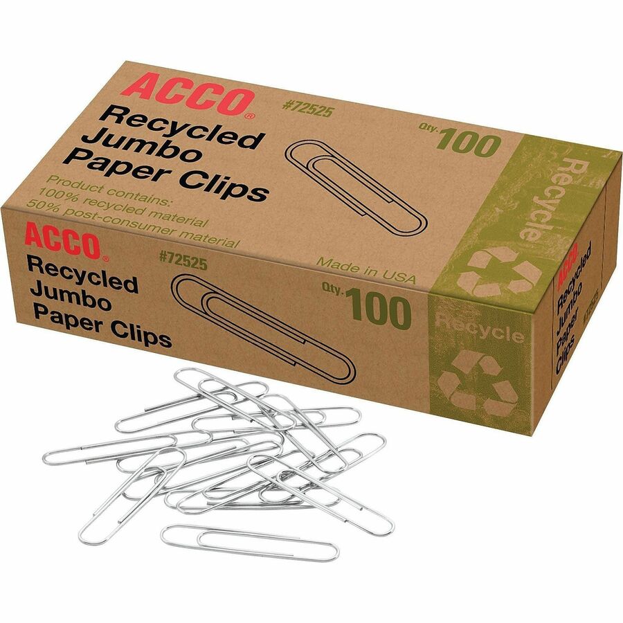 Image of ACCO Paper Clips,Recycled,No 4,1-13/23"Size,Jmbo,100/BX,10/PK,SR