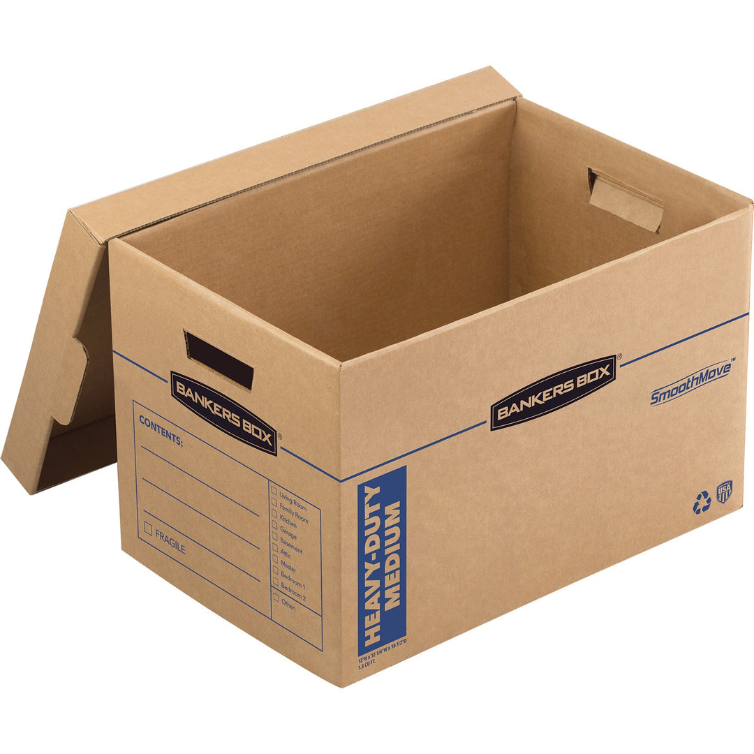Image of Bankers Box® SmoothMove Maximum Strength Moving Boxes, Half Slotted Container (HSC), Medium, 12.25" x 18.5" x 12", Brown/Blue, 8/Pack