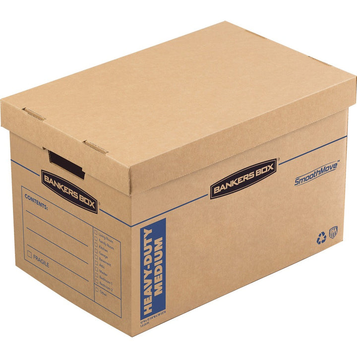 Image of Bankers Box® SmoothMove Maximum Strength Moving Boxes, Half Slotted Container (HSC), Medium, 12.25" x 18.5" x 12", Brown/Blue, 8/Pack