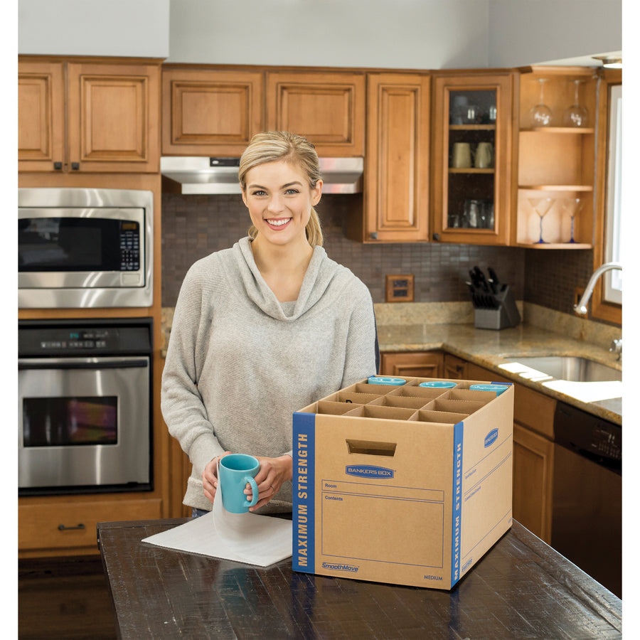 Image of Bankers Box® SmoothMove Kitchen Moving Kit with Dividers + Foam, Half Slotted Container (HSC), Medium, 12.25" x 18.5" x 12", Brown/Blue