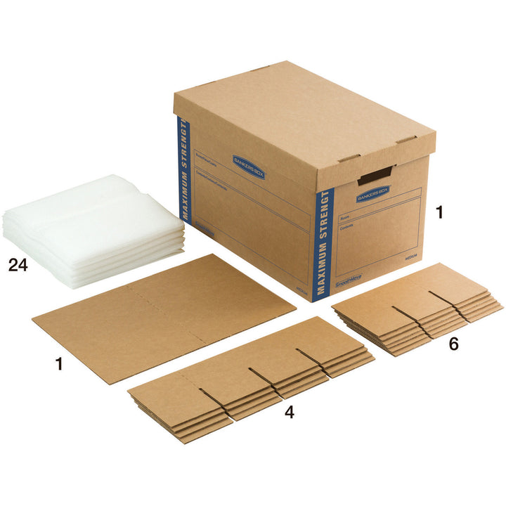Image of Bankers Box® SmoothMove Kitchen Moving Kit with Dividers + Foam, Half Slotted Container (HSC), Medium, 12.25" x 18.5" x 12", Brown/Blue