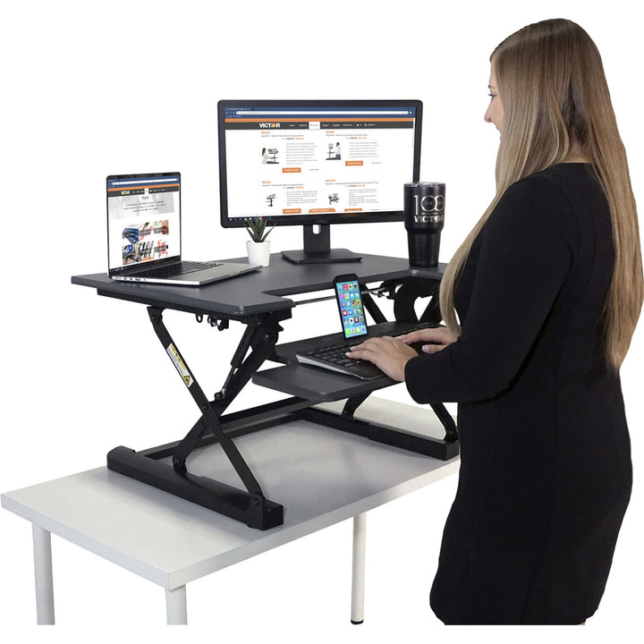 Image of Victor® High Rise Height Adjustable Standing Desk With Keyboard Tray, 31" X 31.25" X 5.25" To 20", Gray/black
