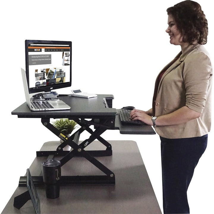 Image of Victor® High Rise Height Adjustable Standing Desk With Keyboard Tray, 31" X 31.25" X 5.25" To 20", Gray/black