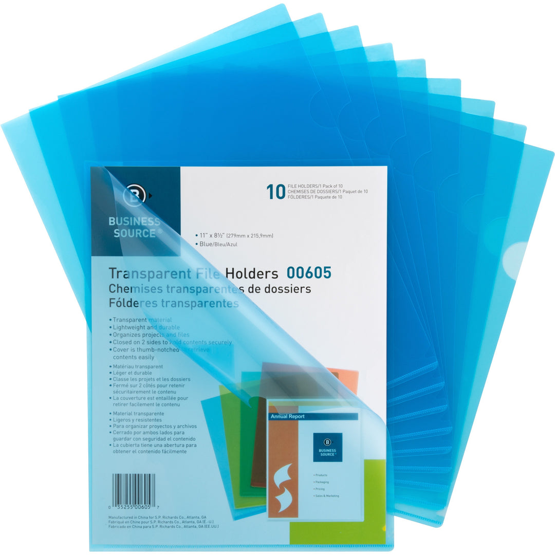 Image of Business Source File Holders, Poly, Transparent, 11"x8-1/2", 10/PK, Blue