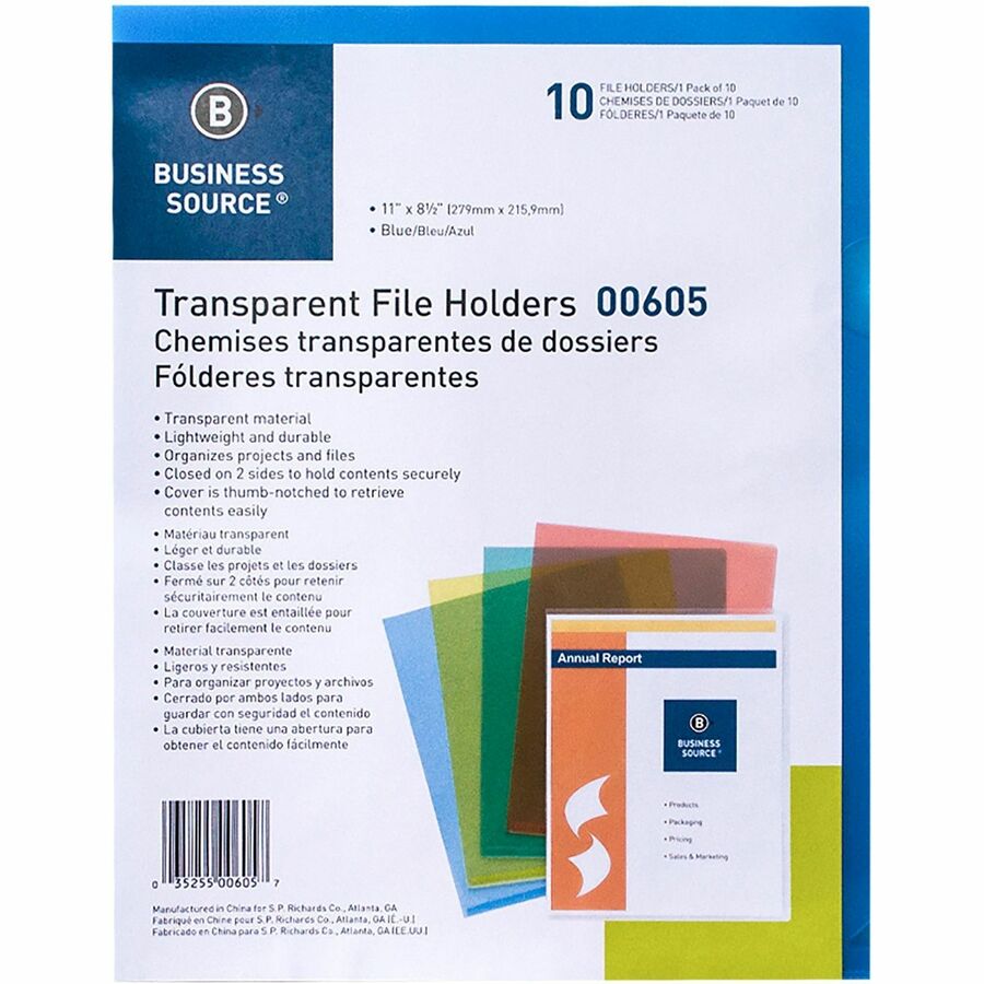 Image of Business Source File Holders, Poly, Transparent, 11"x8-1/2", 10/PK, Blue