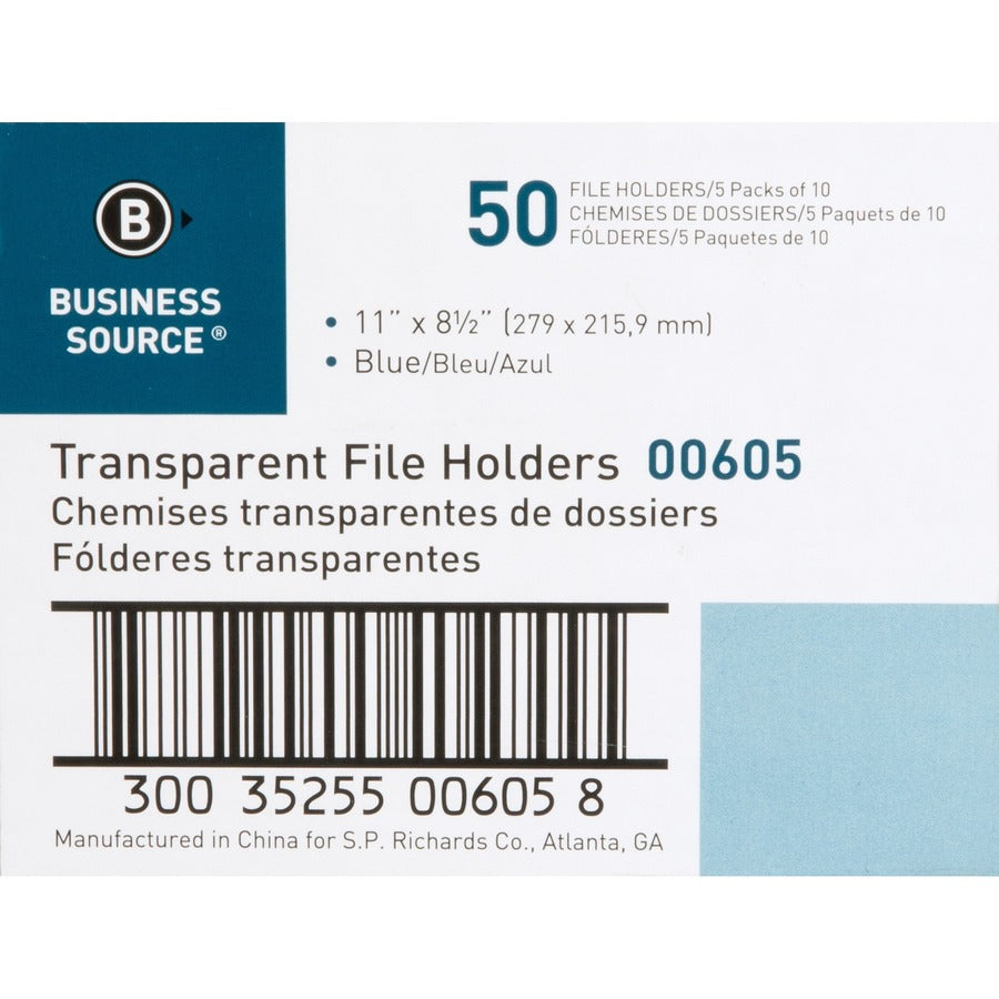 Image of Business Source File Holders, Poly, Transparent, 11"x8-1/2",10/PK,5PK/BX,BE
