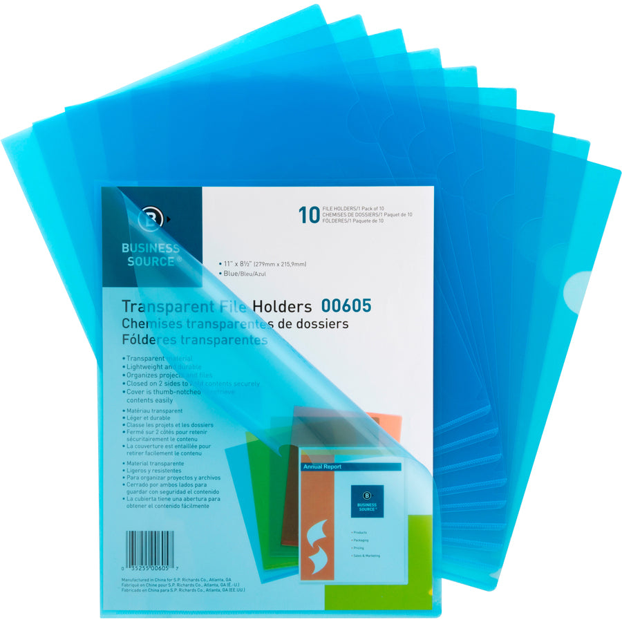 Image of Business Source File Holders, Poly, Transparent, 11"x8-1/2",10/PK,5PK/BX,BE