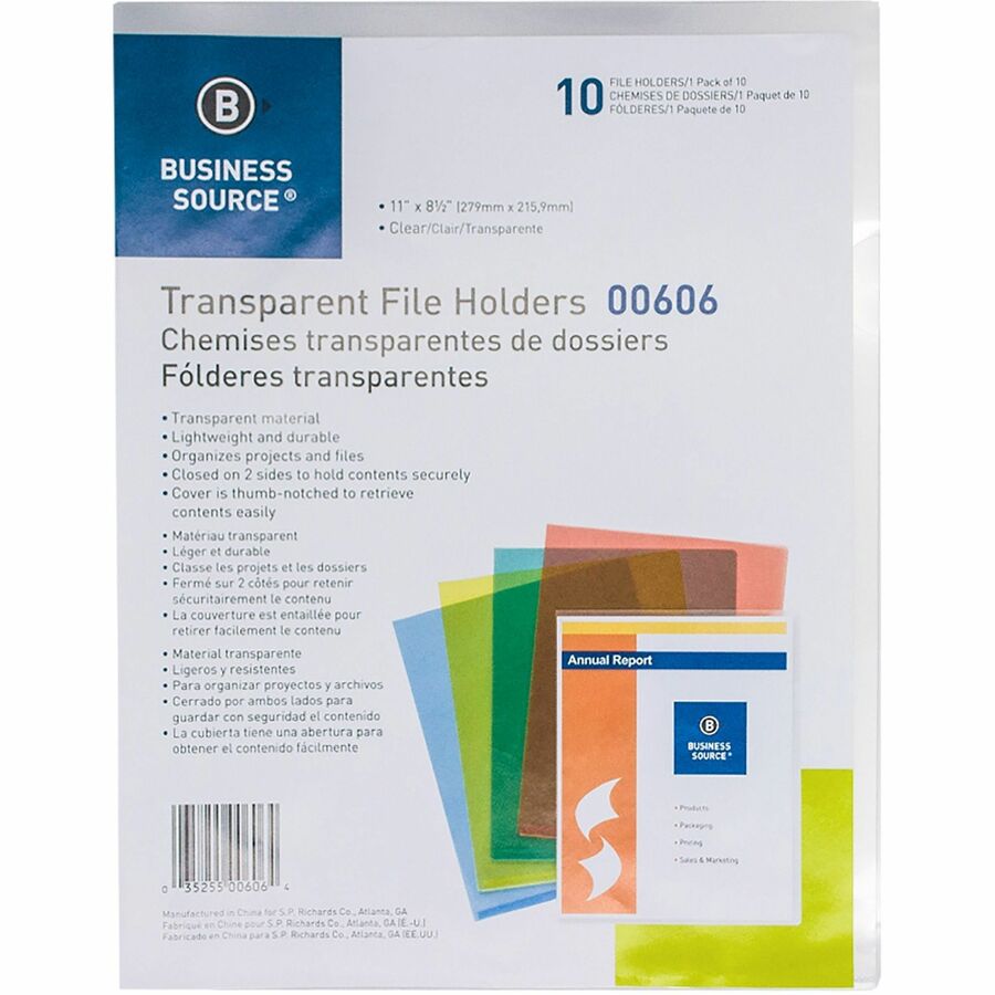 Image of Business Source File Holders, Poly, Water-resistant, 11"x8-1/2", 10/PK, CL