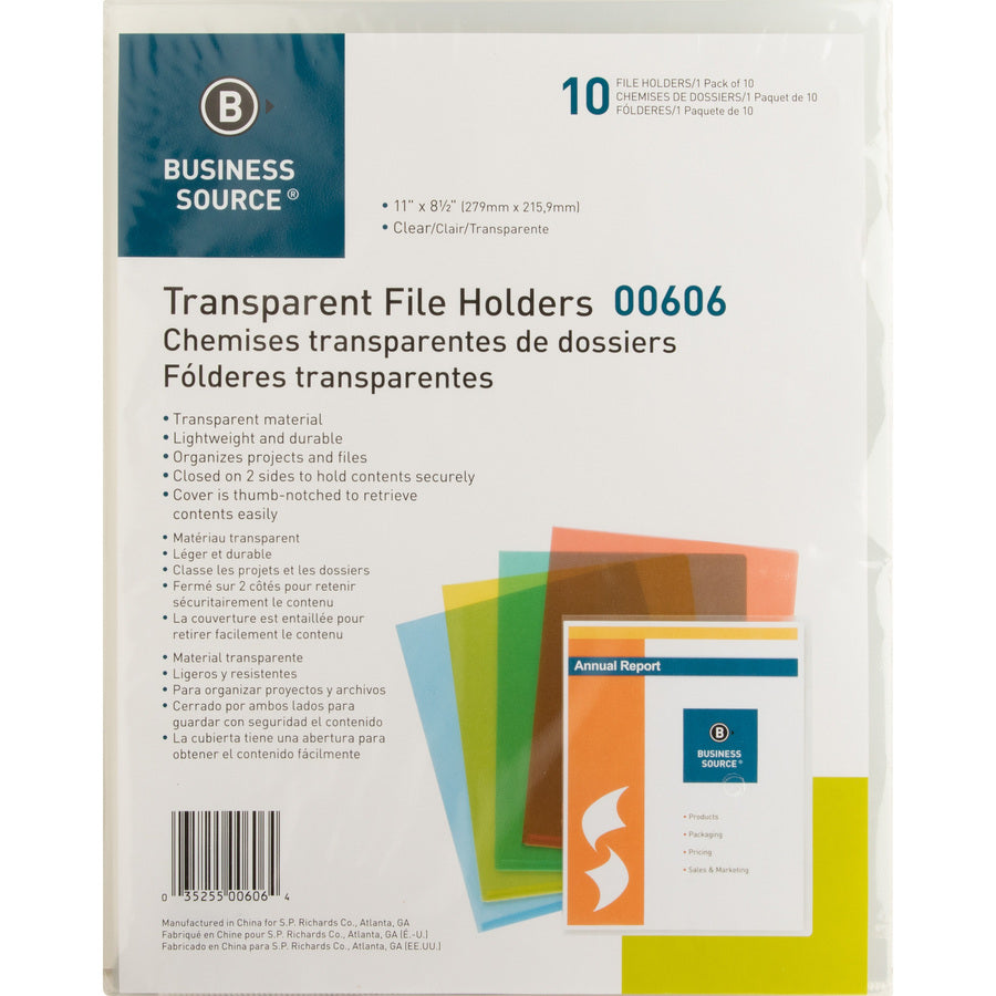 Image of Business Source File Holders, Poly, Transparent, 11"x8-1/2",10/PK,5PK/BX,CL