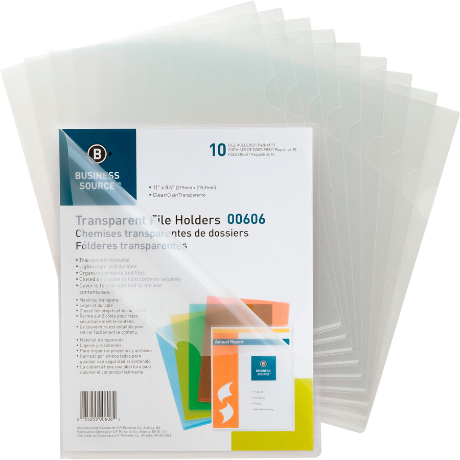 Image of Business Source File Holders, Poly, Transparent, 11"x8-1/2",10/PK,5PK/BX,CL