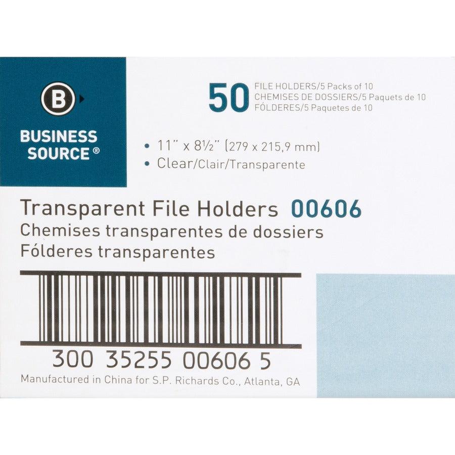 Image of Business Source File Holders, Poly, Transparent, 11"x8-1/2",10/PK,5PK/BX,CL