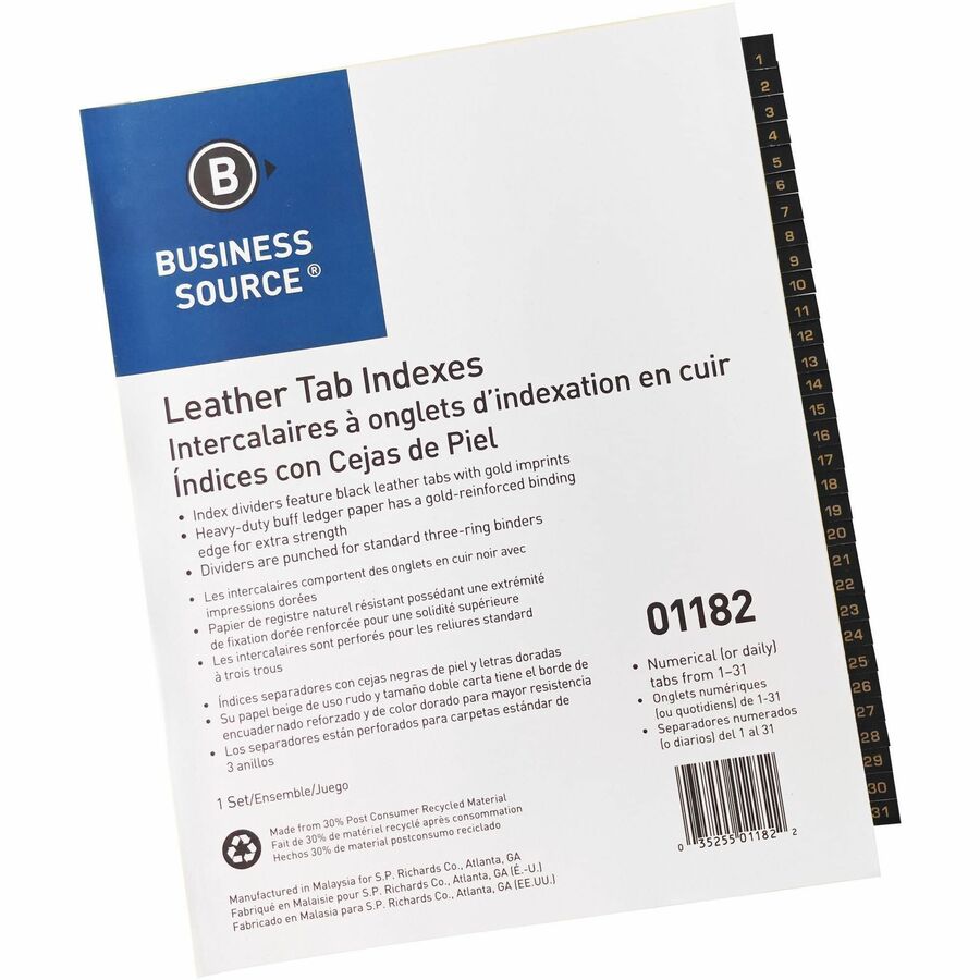 Image of Business Source Tab Indexes,Printed 1-31,Black Lthr,8-1/2"x11",31/ST,Buff