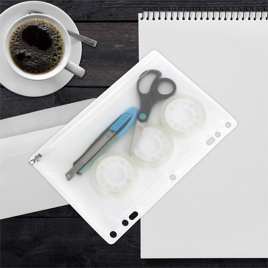 Image of Business Source Ring Binder Pocket,w/Zipper,Plastic,7HP,9-1/2"x6",Clear