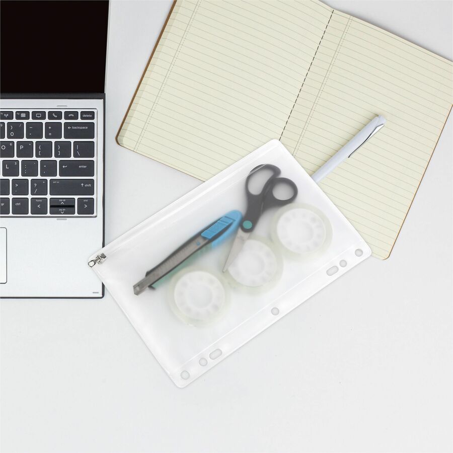 Image of Business Source Ring Binder Pocket,w/Zipper,Plastic,7HP,9-1/2"x6",Clear