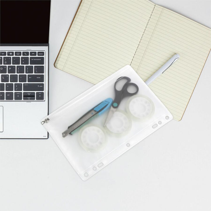 Image of Business Source Ring Binder Pocket,w/Zipper,Plastic,7HP,9-1/2"x6",Clear
