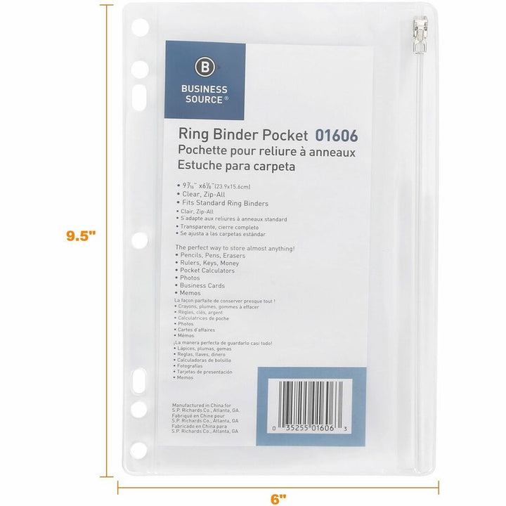 Image of Business Source Ring Binder Pocket,w/Zipper,Plastic,7HP,9-1/2"x6",Clear