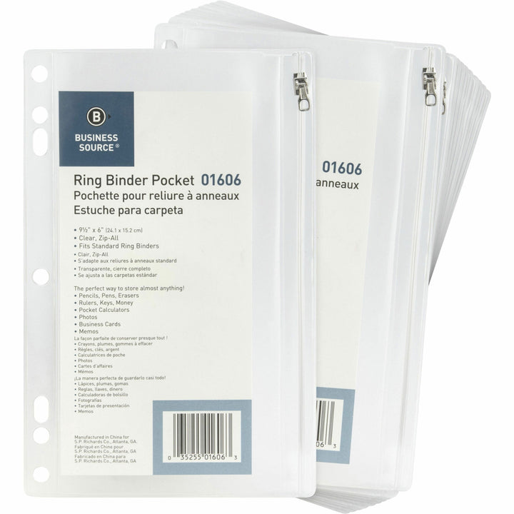 Image of Business Source Ring Binder Pockets,w/Zipper,Plastic,7HP,9-1/2"x6",24/BX,CL