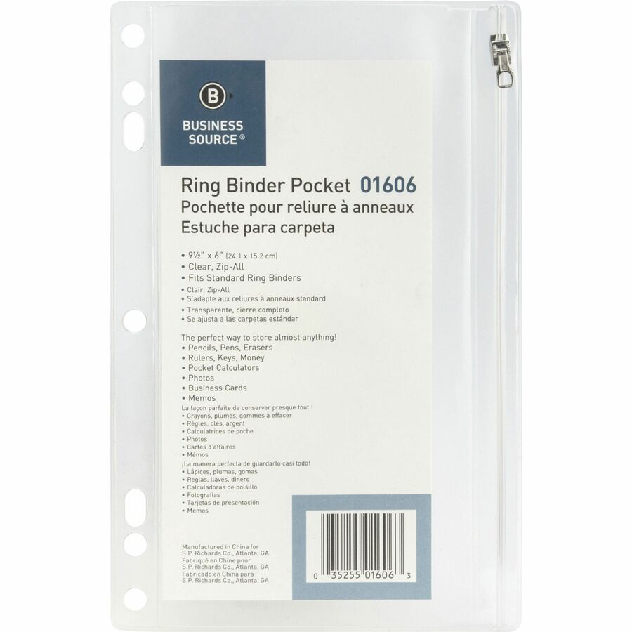 Image of Business Source Ring Binder Pockets,w/Zipper,Plastic,7HP,9-1/2"x6",24/BX,CL