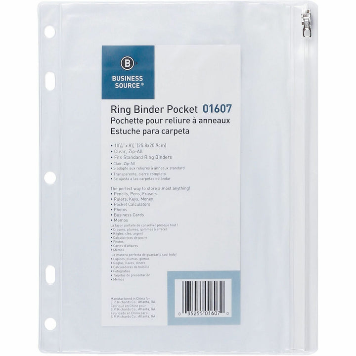 Image of Business Source Ring Binder Pocket,w/Zipper,Plastic,7HP,10"x8",Clear
