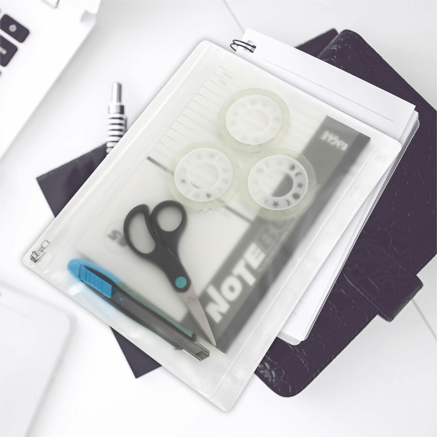 Image of Business Source Ring Binder Pocket,w/Zipper,Plastic,7HP,10"x8",Clear