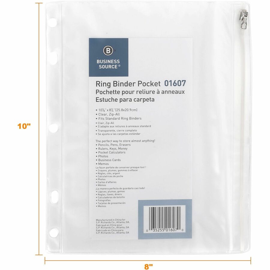 Image of Business Source Ring Binder Pocket,w/Zipper,Plastic,7HP,10"x8",Clear