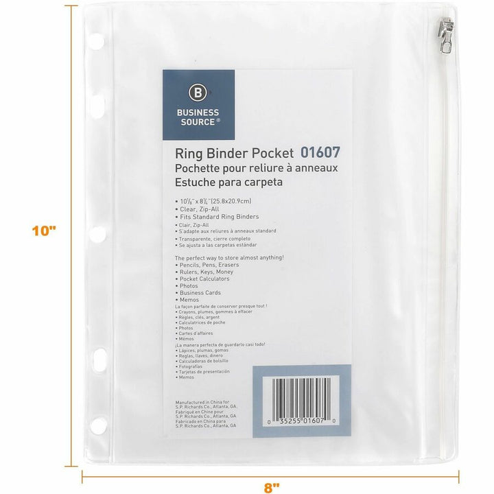 Image of Business Source Ring Binder Pocket,w/Zipper,Plastic,7HP,10"x8",Clear