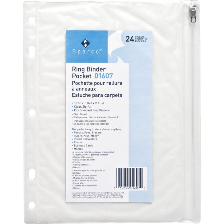 Image of Business Source Ring Binder Pockets,w/Zipper,Plastic,7HP,10"x8",24/BX,Clear