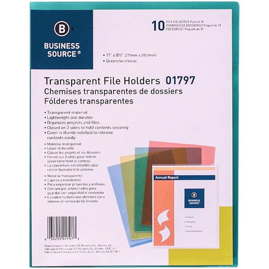Image of Business Source File Holders, Poly, Transparent, 11"x8-1/2", 10/PK, Green
