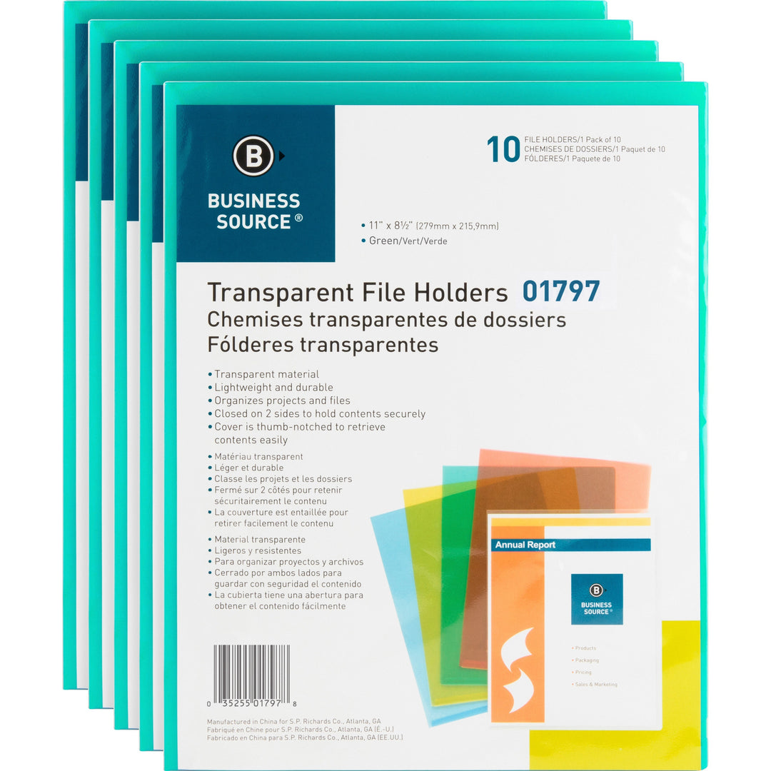 Image of Business Source File Holders, Poly, Transparent, 11"x8-1/2",10/PK,5PK/BX,GN
