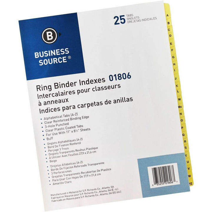 Image of Business Source Indexes, Plastic Tabs, A-Z, 3HP, 8-1/2"x11", 25/ST, Buff