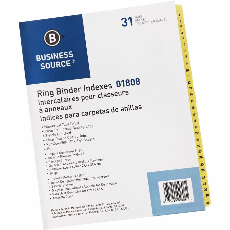Image of Business Source Indexes,Plastic Tabs,Printed 1-31,3HP,8-1/2"x11",31/ST,Buff