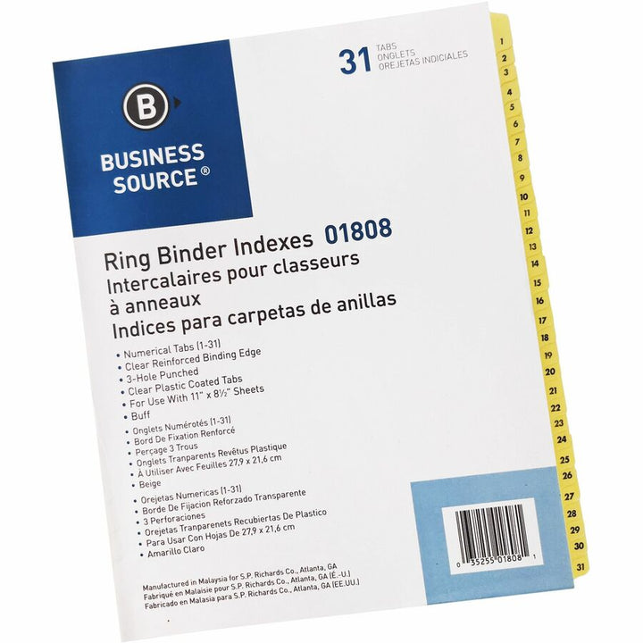 Image of Business Source Indexes,Plastic Tabs,Printed 1-31,3HP,8-1/2"x11",31/ST,Buff