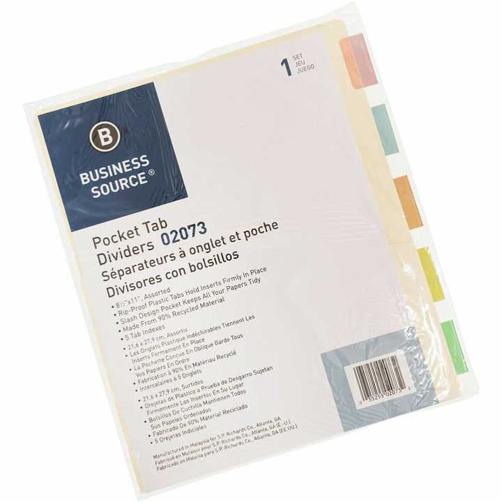 Image of Business Source Ring Binder Dividers,w/ Pocket,11"x9",5/ST,Buff Stock/AST