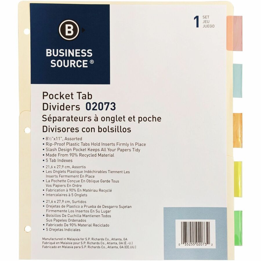 Image of Business Source Ring Binder Dividers,w/ Pocket,11"x9",5/ST,Buff Stock/AST
