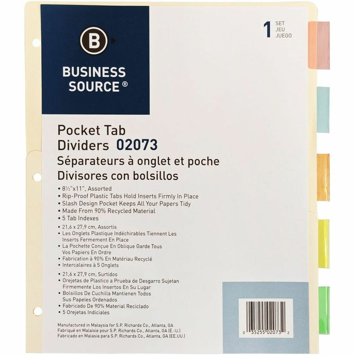 Image of Business Source Ring Binder Dividers,w/ Pocket,11"x9",5/ST,Buff Stock/AST