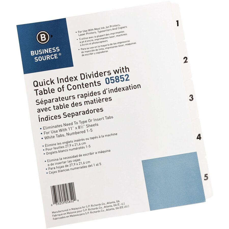 Image of Business Source Index Dividers,w/TOC Page,1-5, 5 Tabs/ST,11"x8-1/2",White