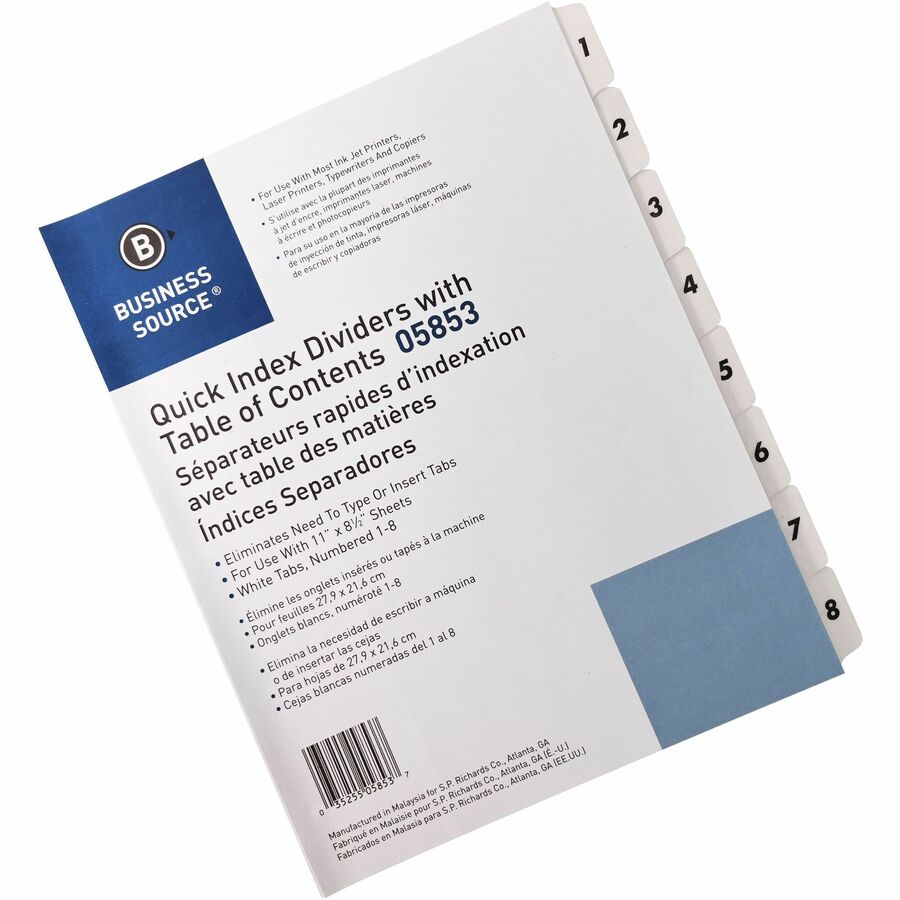 Image of Business Source Index Dividers,w/TOC Page,1-8, 8 Tabs/ST,11"x8-1/2",White