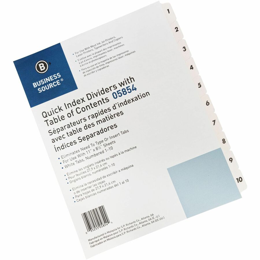 Image of Business Source Index Dividers,w/TOC Page,1-10, 10 Tabs/ST,11"x8-1/2",White